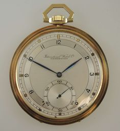 "This is a superb example of an International Watch Co pocket watch. The case and dial are particularly fine examples coupled with a high quality movement. Movement - the high grade nickel bridge, calibre 97 movement has a lever escapement with a micrometer regulator, is jewelled to the centre and is decorated with striped damascening. The movement is signed \"International Watch Co, Schaffhausen, IWC, Probus, Scafuisa, cal.97\" #379030 and is in 90% mint condition - a few sratches Case - the mo Timeless Self-winding Pocket Watch For Formal Occasions, Timeless Self-winding Pocket Watch For Formal Events, Formal Classic Pocket Watch With Chronometer, Classic Formal Pocket Watch With Subdials, Classic Gold Stopwatch Watch Accessories, Timeless Chronograph Pocket Watch For Formal Occasions, Classic Formal Watch Accessory With Stopwatch, Classic Gold Watch Accessories With Stopwatch, Timeless Formal Watches With Stopwatch