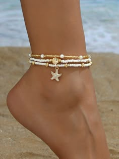 3pcs/Set Women Simple White Rice Bead/Faux Pearl Beaded Anklet With Golden Starfish & Seashell Charms, Suitable For Daily Wear And VacationI discovered amazing products on SHEIN.com, come check them out! Beaded Anklet, Women Anklets, Rice Bead, Beaded Anklets, Island Girl, Simple White, White Rice, Set Women, Summer Jewelry