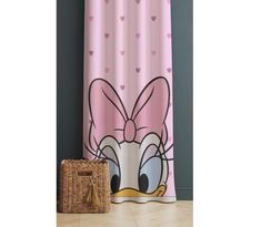 a pink shower curtain with a cartoon character on it and a basket next to it