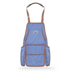 a blue apron with brown trim and pockets on the front, hanging from a hook