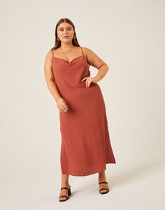 Curve Crinkle Woven Slip Dress Plus Size Dresses Rust 1XL -2020AVE Slip Dress Midsize, Plus Size Slip Dress, Dress Like A Parisian, Cute Jean Jackets, Simple Dress, Rust Dress, Curve Dresses, Chunky Boots, Street Style Looks