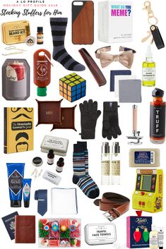 a collage of men's items including socks, wallets and other things