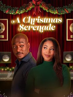 a christmas serenade poster with two people in front of a red curtain and lights