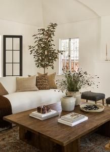 a living room filled with furniture and a tree in the middle of it's center