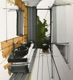 this is a drawing of a bathroom with wood floors and walls, along with a sink