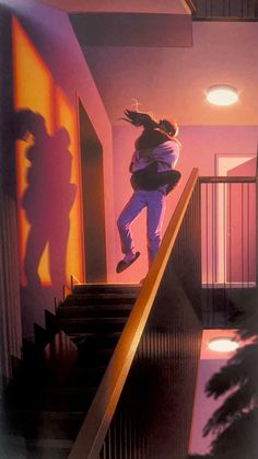 a painting of a person jumping down the stairs with their shadow on the wall behind them