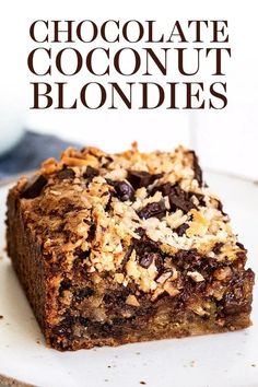 chocolate coconut blondies on a plate with text overlay that reads, chocolate coconut blondies