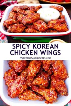 a sheet pan with spicy korean chicken wings with a bowl with the sauce in the middle and a lot of korean chicken wings topped with sesame seeds Spicy Korean Chicken Wings, Korean Chicken Wings Recipe, Korean Appetizers, Korean Fried Chicken Wings, Korean Chicken Wings, Spicy Korean Chicken, Korean Chicken, Chicken Wings Recipe, Savory Meals