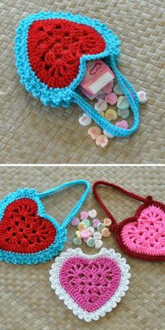 crocheted purses with hearts and candy in them