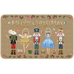 a merry christmas mat with three nutcrackers and two mice on the front