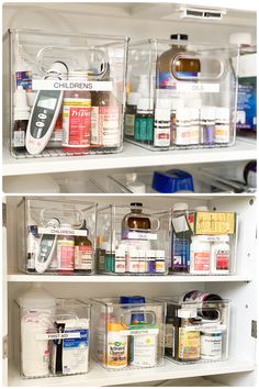 two shelves filled with different types of medical supplies