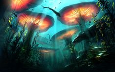 an underwater scene with mushrooms and seaweed