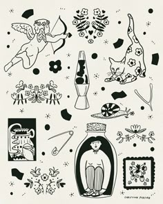 an ink drawing of various items in black and white, including a bottle with angels on it