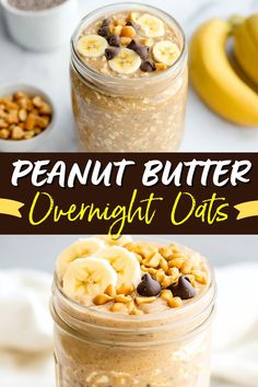 peanut butter overnight oats in a mason jar with bananas and chocolate chips on top