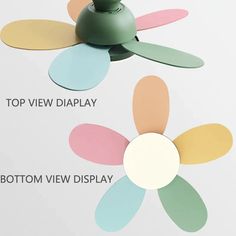 the top view and bottom view of a ceiling fan with four different colors on it