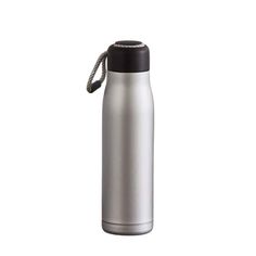 a stainless steel water bottle with a black lid and rope around the neck, on a white background