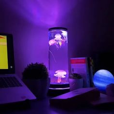 a laptop computer sitting on top of a desk next to a jellyfish tank in a purple lit room