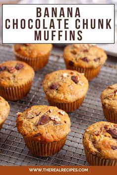 banana chocolate chunk muffins on a cooling rack with text overlay that reads, banana chocolate chunk muffins