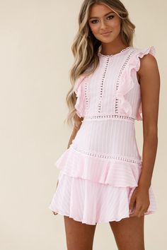 Melrose Sleeveless Crochet & Ruffle Detail Dress Pink Rush Week Outfits, Pink Selfie, Sorority Recruitment Outfits, Rush Outfits, Recruitment Outfits, Champagne Brunch, Selfie Leslie, Crochet Ruffle, Rush Dresses