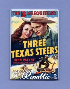 the three texas steers movie poster is hanging on a blue wall, with an image of a man and woman