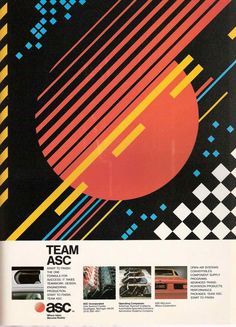 an advertisement for the team asc, with different colored lines and shapes on it