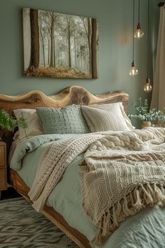 a bedroom with green walls and wooden headboard on the bed, surrounded by hanging lights