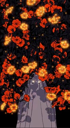 an animated image of a person surrounded by orange flowers