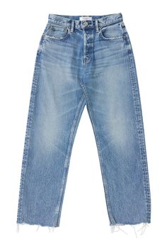 These straight-leg jeans feature a frayed hem in faded medium-wash denim High rise Five-pocket style Wide fit Ankle length Button-fly; belt loops Cotton/polyurethane Machine wash cold, line dry Style#: 540HAC12-8091 Denim 2024, Straight Cropped Jeans, Painted Jeans, Straight Crop Jeans, Dressed To Kill, Material Girls, Cropped Jeans, Ankle Length, Straight Leg Jeans