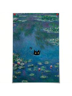 a black cat is floating in the water with lily pads on it's surface