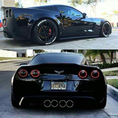 the rear end of a black sports car with red brake lights and chrome rims