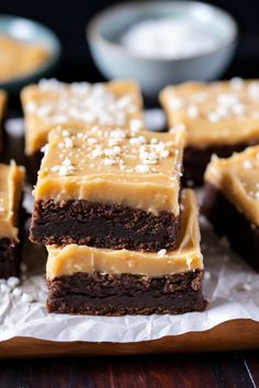 chocolate brownies with peanut butter frosting and sea salt sprinkled on top