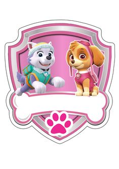 the paw patrol logo with two puppies in front of a pink shield and white banner