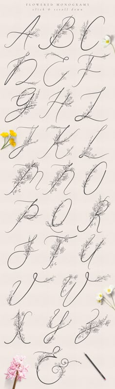 some type of calligraphy written in cursive writing with flowers on the side