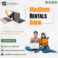 an advertisement for macbook rentals in dubai with two people sitting on the floor