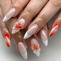 3d Flower Nails, Summery Nails, Orange Nails, Fire Nails, Funky Nails, Pretty Acrylic Nails, Floral Nails, Best Acrylic Nails, 3d Nails