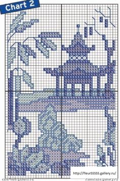 a cross stitch pattern with the image of a pagoda and trees in blue, on a white