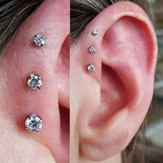 two pictures of the same ear and one has three diamond studs on it's sides