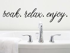 Wall decals for bathroom that say ‘soak. relax. enjoy.’ on a bathroom wall. Bathroom Door Sign, Bathroom Wall Decals, Mirror Decal, Door Decals, Bathroom Doors, Door Stickers, Bathroom Signs, Vinyl Wall Decals, Door Signs