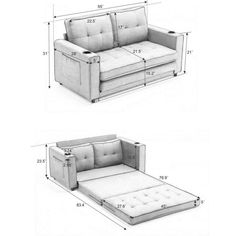 an image of a couch and bed with measurements