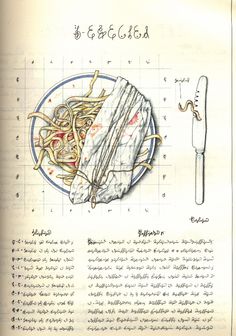 an old recipe book with instructions on how to make noodles and vegetables for dinner or lunch