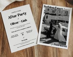 two wedding photos are laying on the table next to each other, and one is in front of an old car