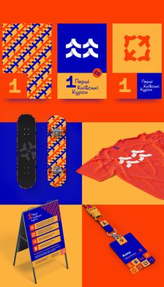 an orange and blue background with various items on it including a skateboard, t - shirt, and stickers