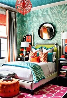 a bedroom decorated in bright colors and patterns