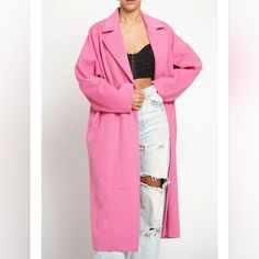 70% Polyester, 30% Wool Woven Drop Shoulder Button Closure Pockets Notched Lapels Trendy Pink Outerwear With Double Button Closure, Chic Pink Button-up Outerwear, Chic Pink Outerwear With Snap Buttons, Pink Wool Coat, Oversized Wool Coat, Fall Outerwear, Pink Coat, Oversized Coat, Wool Blend Coat