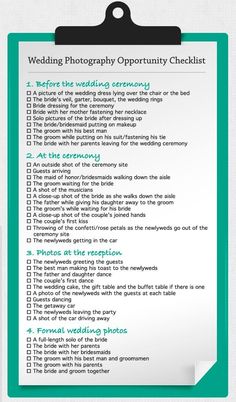 a green and white wedding checklist with the words,'wedding photography opportunity checklist '