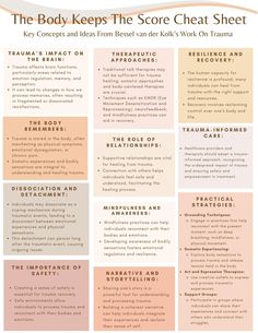 This cheat sheet highlights the fundamental ideas presented in "The Body Keeps the Score" and captures the importance of understanding the interplay between trauma, the body, and the healing process.