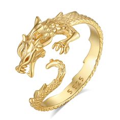 PRICES MAY VARY. 925 Sterling Silver Ring- Crafted from 925 silver, this ring showcases exceptional craftsmanship and durability. The silver material ensures long-lasting beauty and elegance. Personalized Ring - The dragon is a symbol of strength, power, and good fortune. Wearing this dragon ring not only adds a touch of mythical allure to your style but also represents your inner strength and resilience. Open Ring - It can be easily adjusted to fit different finger sizes, providing flexibility Chinese Dragon Jewelry, Resilience Meaning, Goth Rings, Chinese Gold, Norse Jewelry, Cool Dragons, Jewelry Gothic, Chinese Jewelry, Viking Ring