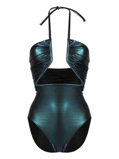 blue iridescent effect stretch-design cut-out detailing halterneck tie fastening Be mindful to try on swimwear over your own garments. Futuristic Swimwear, Couture Swimsuit, Sea Clothes, Rick Owens Women, Halter Neck Swimsuit, Green Swimsuit, Cut Out Swimsuits, Latest Fashion Design, Be Mindful