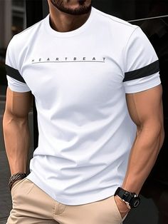 Men Summer Round Neck Color Block Short Sleeve Casual Business Cotton Blend T-Shirt, Letter Printed, For Going Out, For Husband White Casual  Short Sleeve Polyester Colorblock,Letter,Striped  Slight Stretch  Men Clothing, size features are:Bust: ,Length: ,Sleeve Length: Round Neck T Shirts For Men, White Color Block Crew Neck T-shirt, Mens T Shirt Print Design, Popular T Shirt Designs, Luxury T Shirt, Polo Shirt Outfits, Cut Off Shirt, Free T Shirt Design, Cute Shirt Designs