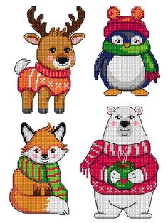 four cross stitch animals wearing sweaters and hats